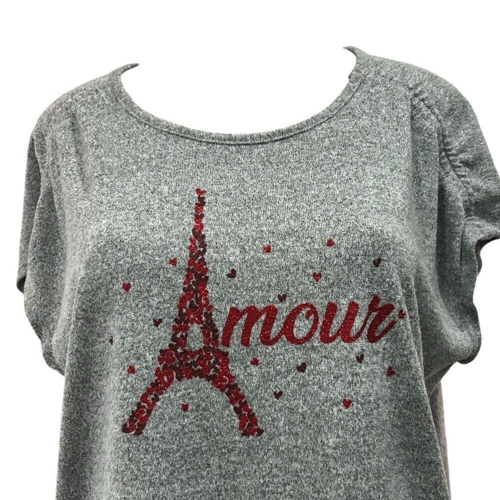 NWT Vintage Rose Top Women's XL Gray Glittered Paris Amour Heart Dolman Sleeve